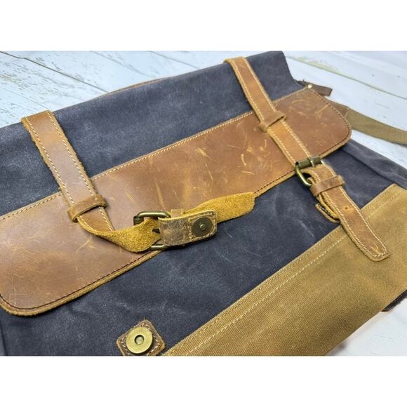 Canvas Navy & Leather Laptop Messenger Bag - Picture 2 of 5